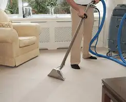 Carpet cleaning professional removing dirt and stains with a hot-water extraction tool in a home, Tuscaloosa, AL.