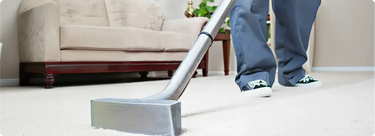 Carpet cleaning technician using a hot-water extraction wand on a light-colored carpet in a living room, Tuscaloosa, AL.